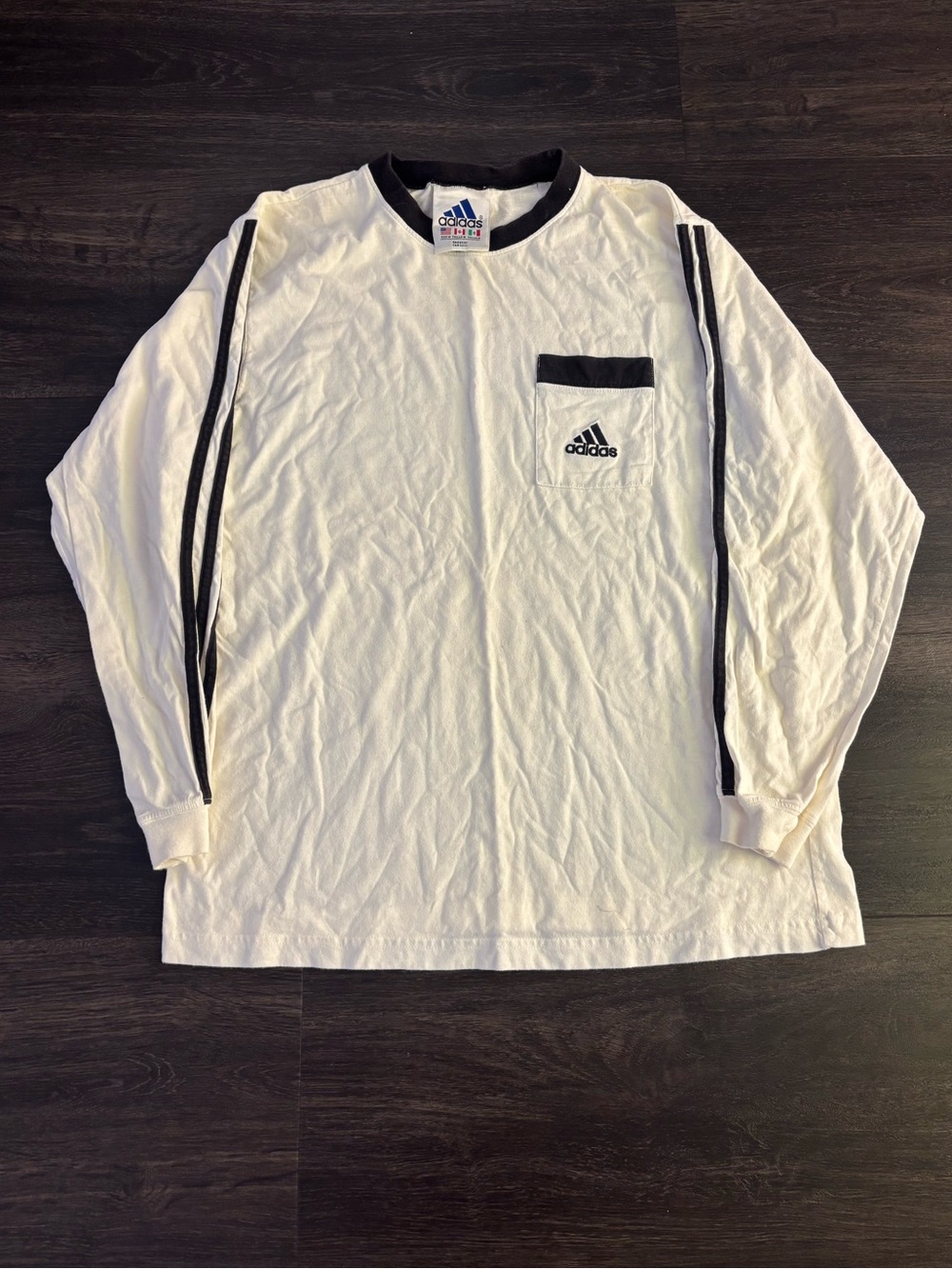 Vintage Adidas Long Sleeve Shirt White Black Stripes Size M